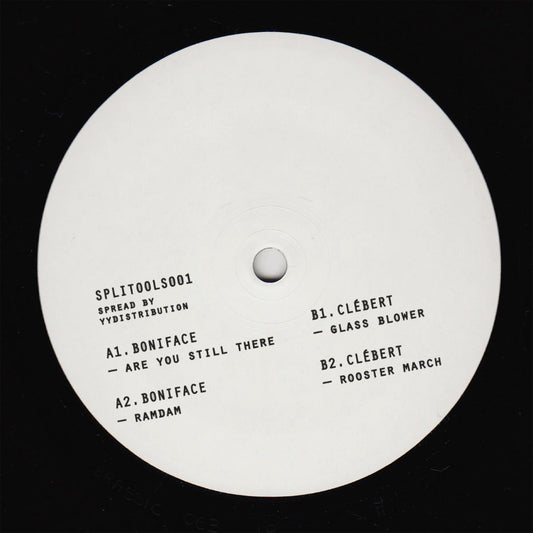 White vinyl record label with black text on a black background