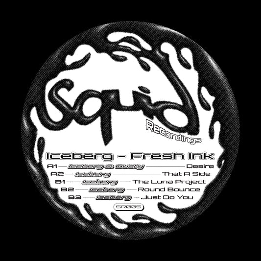 Disc with 'Iceberg' album cover design featuring flames and text on a black background