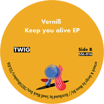 Vinyl record label for 'Vernös Keep you alive EP' by TWIG with a yellow background and cartoon character.