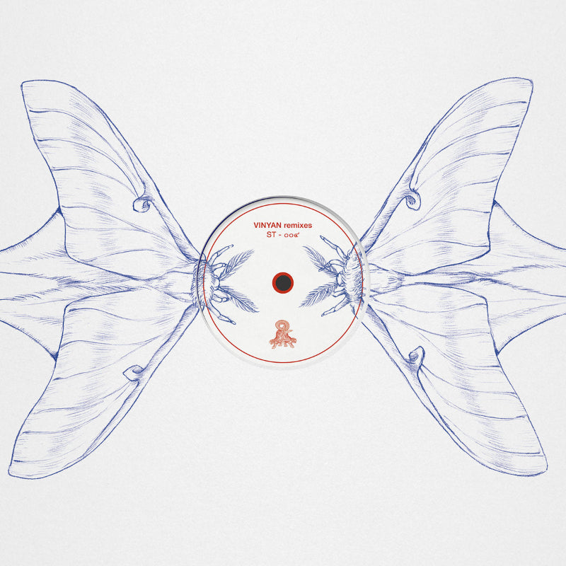 Album cover with butterfly wings and central circular design on a light blue background