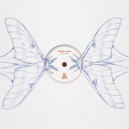 Album cover with butterfly wings and central circular design on a light blue background