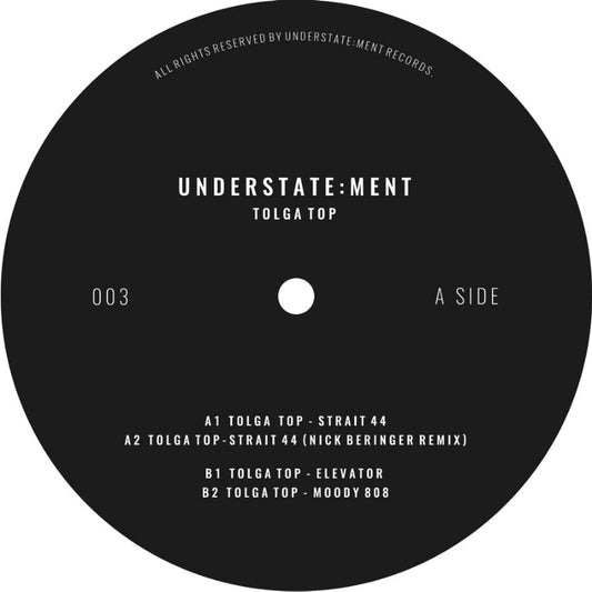 Black vinyl record label with white text for Understate:ment by Tolga Top