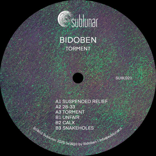 Vinyl record label with 'sublunar' branding and tracklist on a textured purple and green background.