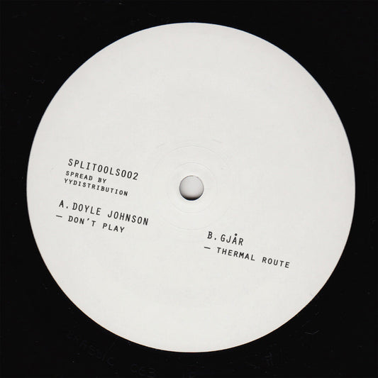 White vinyl record label with black text on a black background