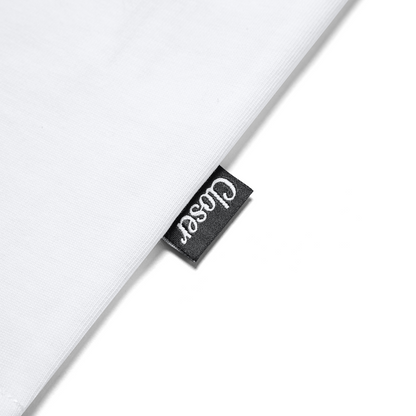 black clothing tag written white closer logo