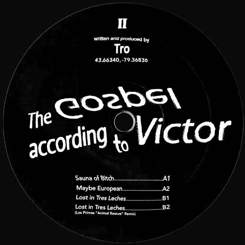 Vinyl record label with text 'The Gospel According to Victor' on a black background