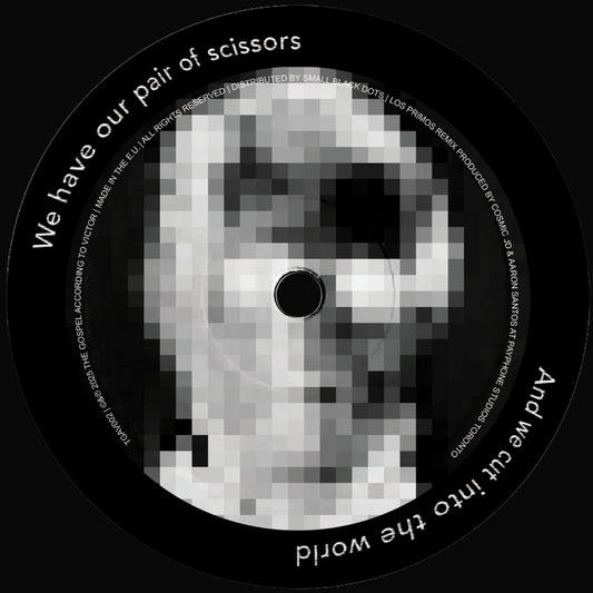 Pixelated record label with text and a stylized face design on a black background