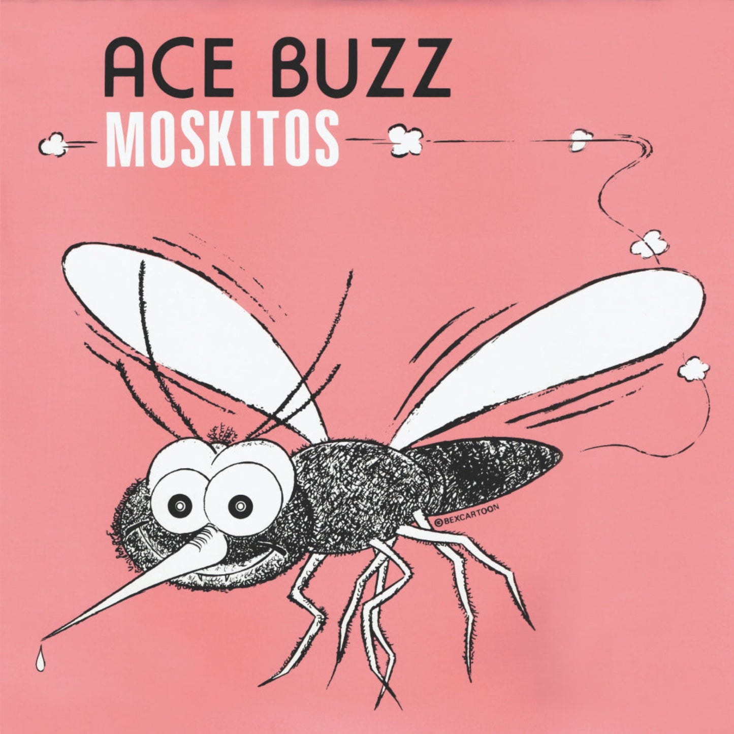 Ace Buzz Moskitos vinyl record cover. A cartoon illustration of a smiling mosquito on a pink background. The band name "Ace Buzz Moskitos" is displayed in black text.