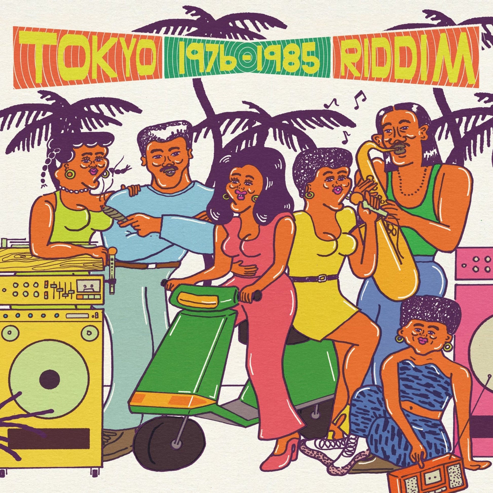 A vibrant, retro-style album cover featuring a diverse group of people enjoying music and socializing in a tropical setting. The title "TOKYO RIDDIM 1976-1985" is prominently displayed.