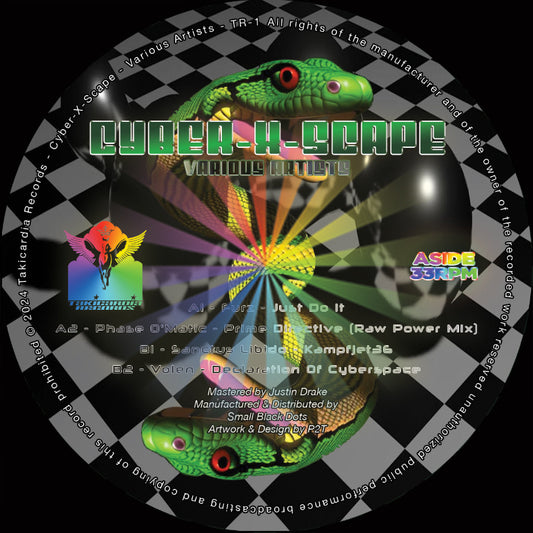 record label for 'Cyber-X-Scape' with a checkered border and green snake graphic.