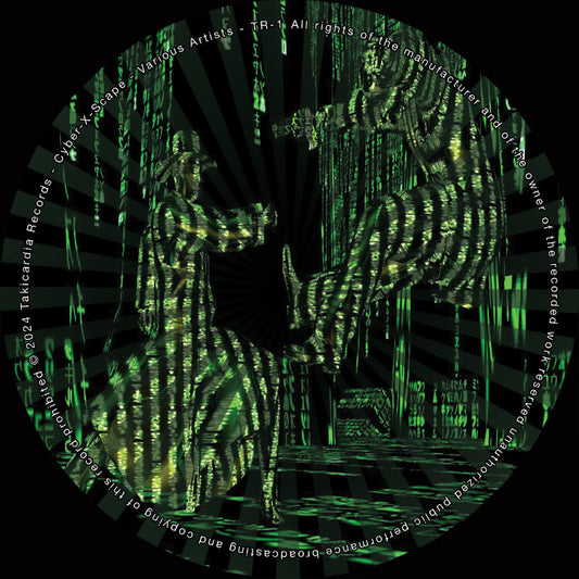 Digital art of a humanoid figure in a futuristic setting with green and black color scheme.