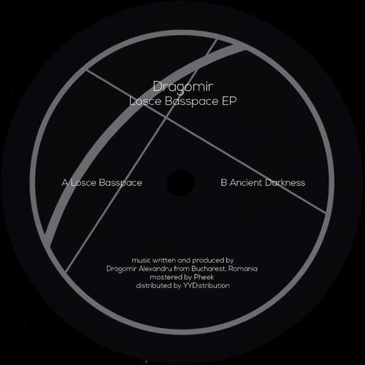 Dragomir Losce Basspace EP vinyl record cover. A minimalist design with a black background and a white circle in the center. The artist name "Dragomir" and album title "Losce Basspace EP" are displayed in white text within the circle.
