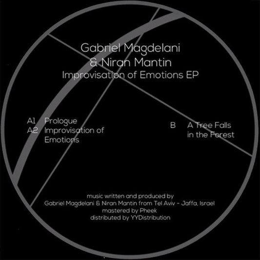 Gabriel Magdelani & Niran Mantin Improvisation of Emotions EP vinyl record cover. A minimalist design with a black background and a circular white frame. The artist names, album title, tracklist, and production credits are displayed in white text within the circle.