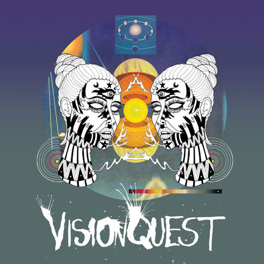 Artistic design with zebra-like faces and 'Vision Quest' text on a gradient background