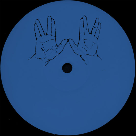 Vinyl record with black line drawing of two hands on a blue background
