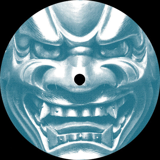 Close-up of a metallic mask with a blue gradient background