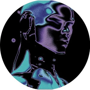 Surrealistic depiction of a face with purple and blue hues on a black background
