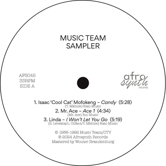 Music Team Sampler vinyl record front cover. A minimalist design with black text on a white background. The album title, track listing, and artist information are displayed, along with the record label and release year.