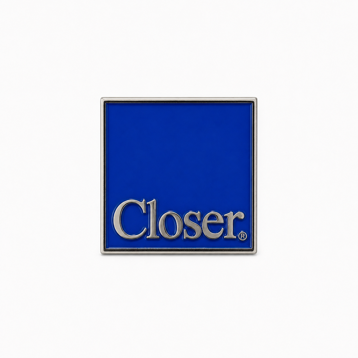 Large square blue Closer logo brooch pin with silver lettering