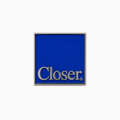 Large square blue Closer logo brooch pin with silver lettering