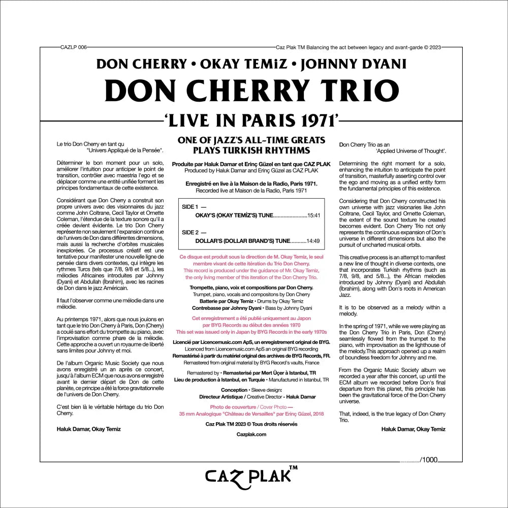 Don Cherry - Live In Paris 1971 (The ORTF Recordings) I CAZ PLAK (CAZLP006) • 12 Vinyl • jazz - Fast shipping