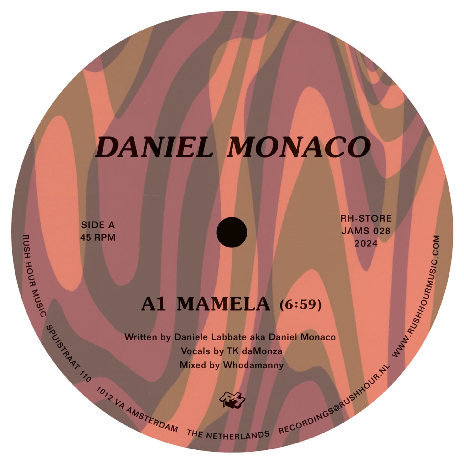 Daniel Monaco Mamela vinyl record cover art. A vibrant, abstract design in shades of orange and brown. The record label features the artist's name, track title, and release information.