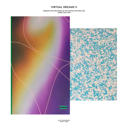 Various Artists Virtual Dreams II: Ambient Explorations in the House & Techno Age, Japan 1993-1999 vinyl record front cover. A split-screen design with a colorful abstract image on the left and a textured pattern on the right. The album title and release details are displayed in a minimalist font.