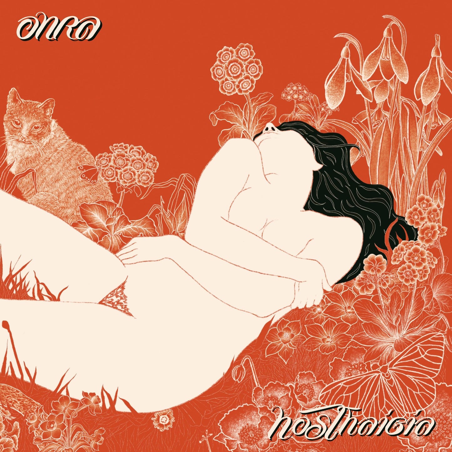 A vibrant, minimalist album cover featuring a woman lying amidst a field of flowers. A cat sits nearby. The title "Onra" and "Nosthaigia I" are written in stylized fonts.