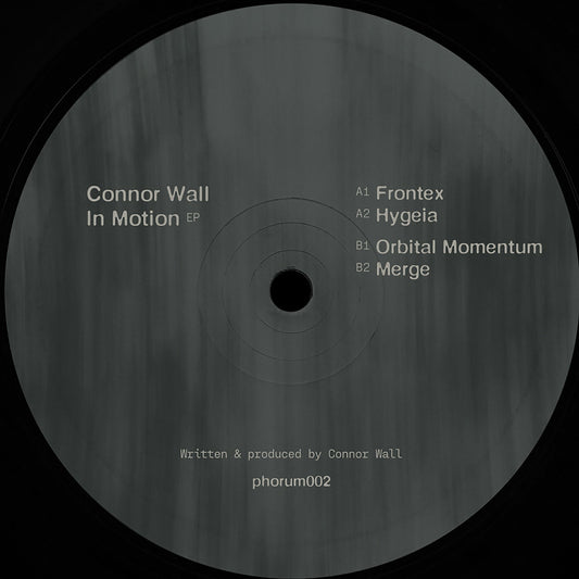 Vinyl record label with text and track listing on a dark background