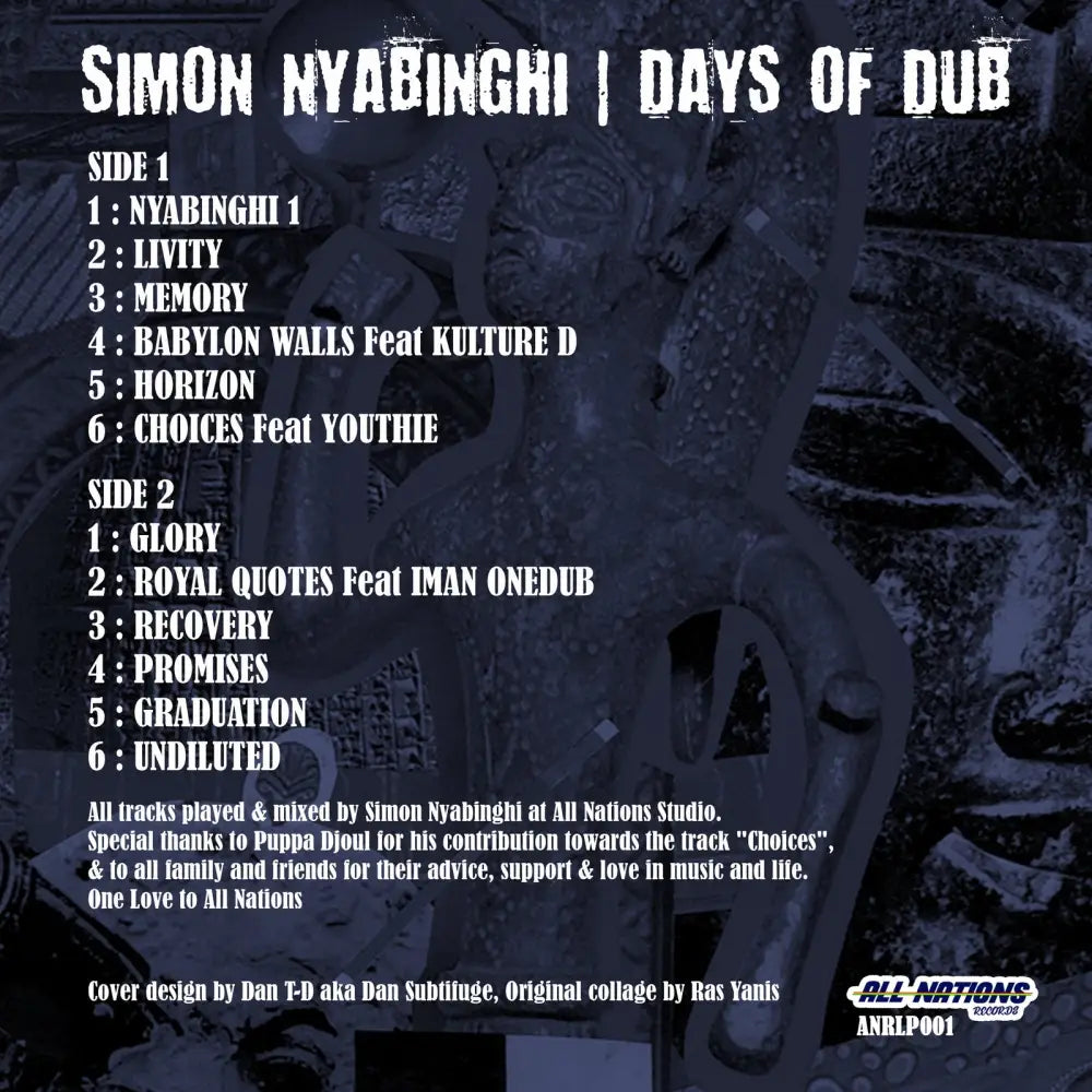 Album cover for Simon Nyabinghi's 'Days Of Dub' on All Nations Records. Atmospheric dub tracks with synthesisers and drum machines